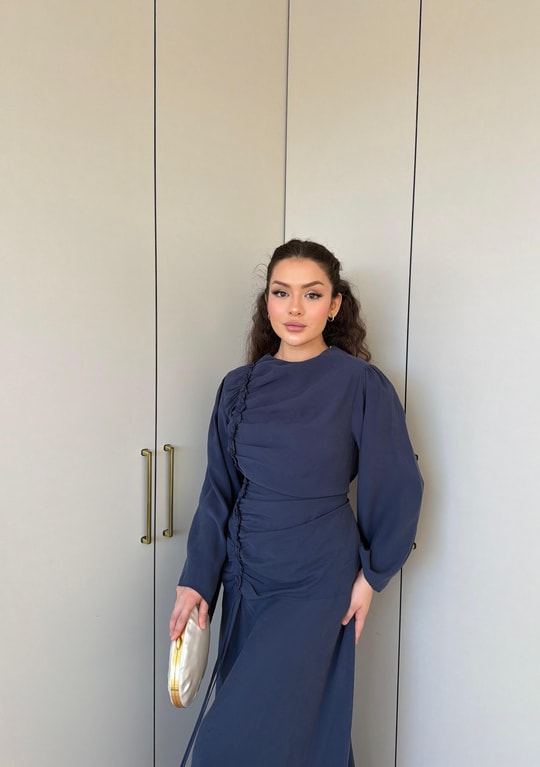 HR-0953H&R ButikCho- Danla Ön Büzgülü Elbise İndigo