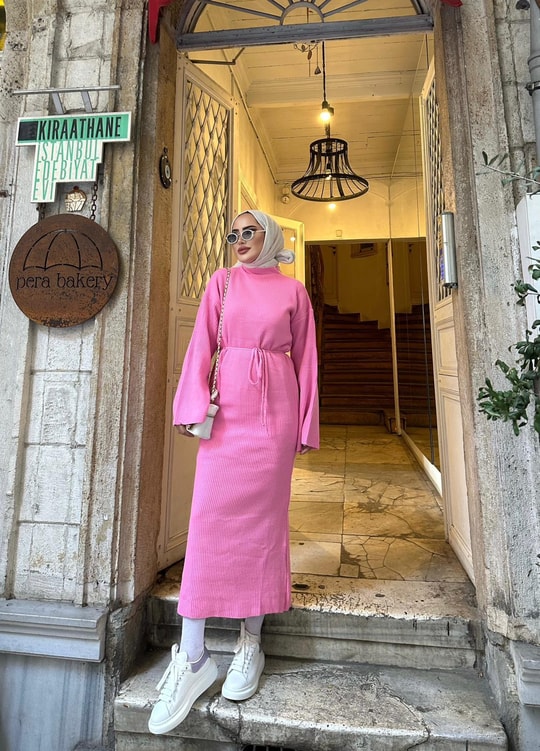 elbs-891H&R ButikDora İspanyol Kol Triko Elbise Pembe