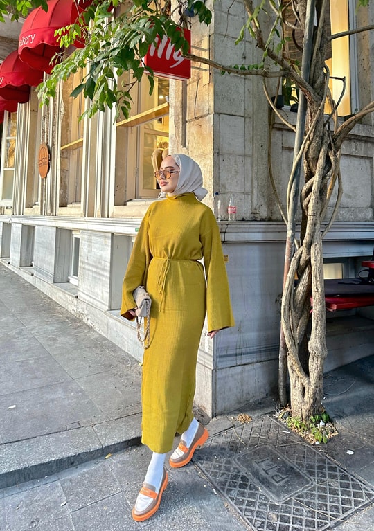 HR-3488H&R ButikDora İspanyol Kol Triko Elbise Yağ Yeşili