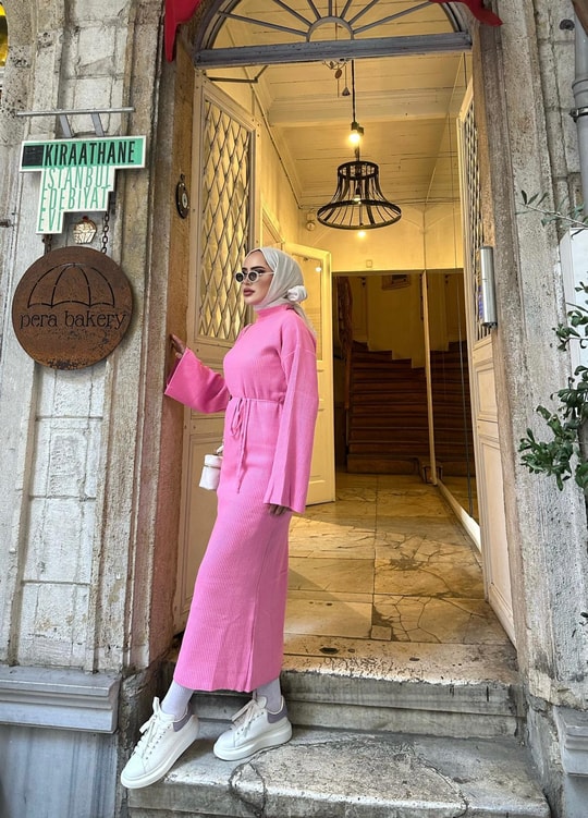 elbs-891H&R ButikDora İspanyol Kol Triko Elbise Pembe