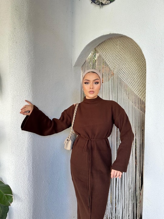 HR-3488H&R ButikDora İspanyol Kol Triko Elbise Kahve