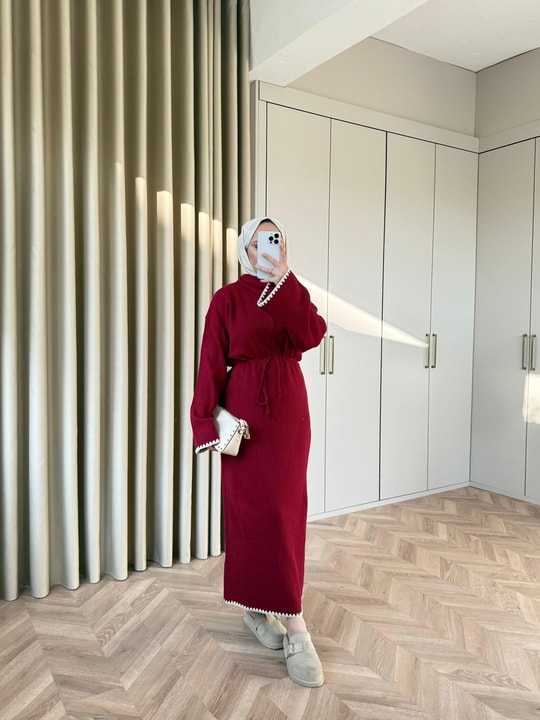 ELB-044H&R ButikDoray Dantel Detaylı Elbise Bordo