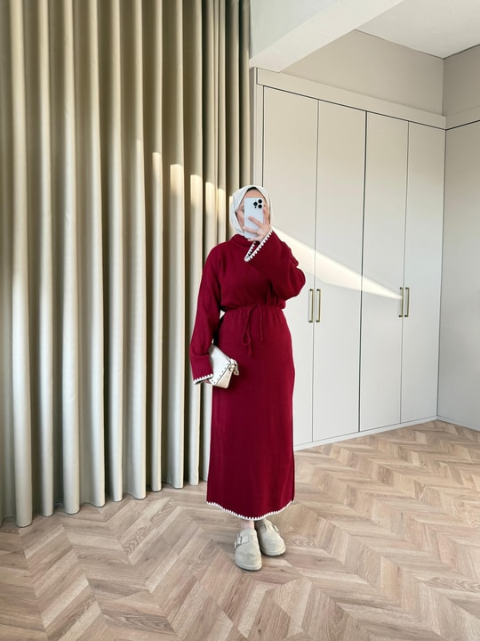 ELB-044H&R ButikDoray Dantel Detaylı Elbise Bordo