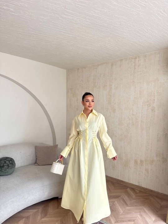 HR-0840H&R ButikDuq- Fida Örgü Detaylı Elbise Sarı
