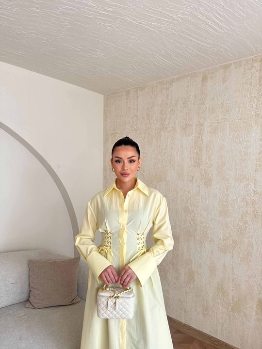 HR-0840H&R ButikDuq- Fida Örgü Detaylı Elbise Sarı