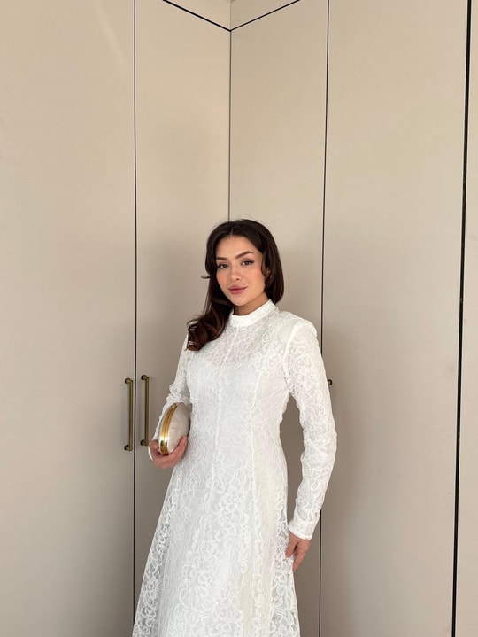ELB-241H&R ButikDuq-Kesa Dantel Elbise Beyaz