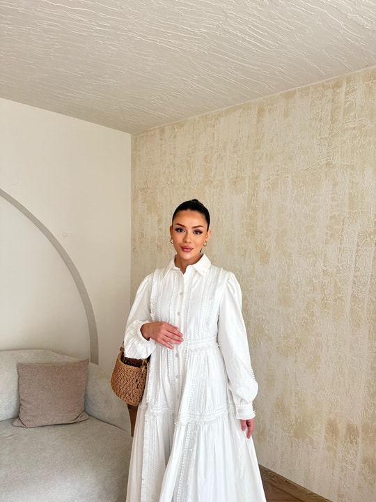 HR-0888H&R ButikDuq- Sare Dantelli Elbise Beyaz