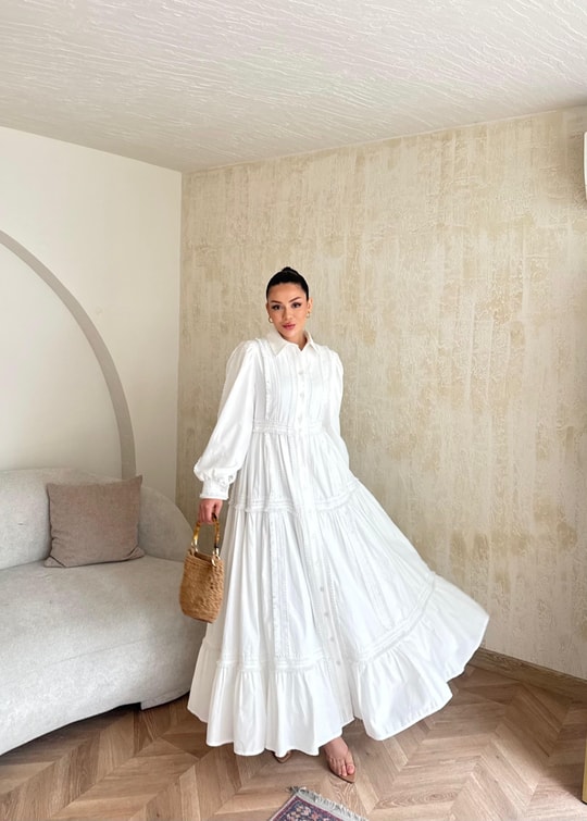 HR-0888H&R ButikDuq- Sare Dantelli Elbise Beyaz