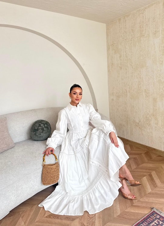 HR-0888H&R ButikDuq- Sare Dantelli Elbise Beyaz