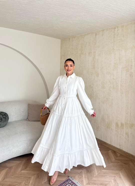 HR-0888H&R ButikDuq- Sare Dantelli Elbise Beyaz