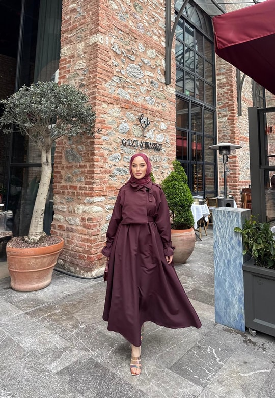 elbs-1616H&R ButikEtla Kolları Bağlamalı Trenç Görünümlü Elbise Bordo