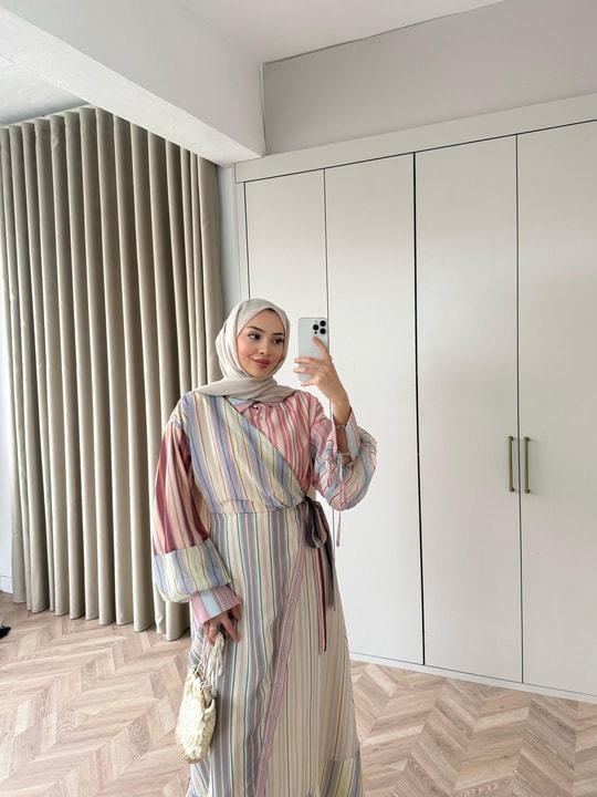 HR-0206H&R ButikFuş-Awqa Renkli Elbise Pembe