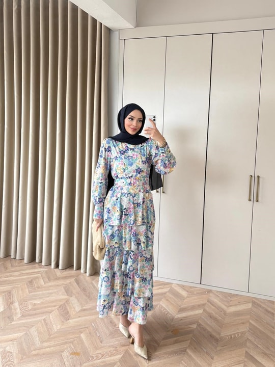 HR-0245H&R ButikFuş-Çiçek Desen Elbise Mavi