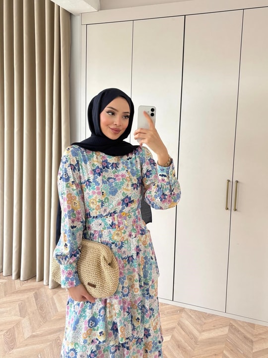 HR-0245H&R ButikFuş-Çiçek Desen Elbise Mavi