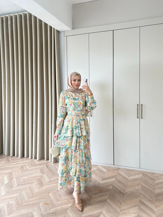 HR-0245H&R ButikFuş-Çiçek Desen Elbise Yeşil
