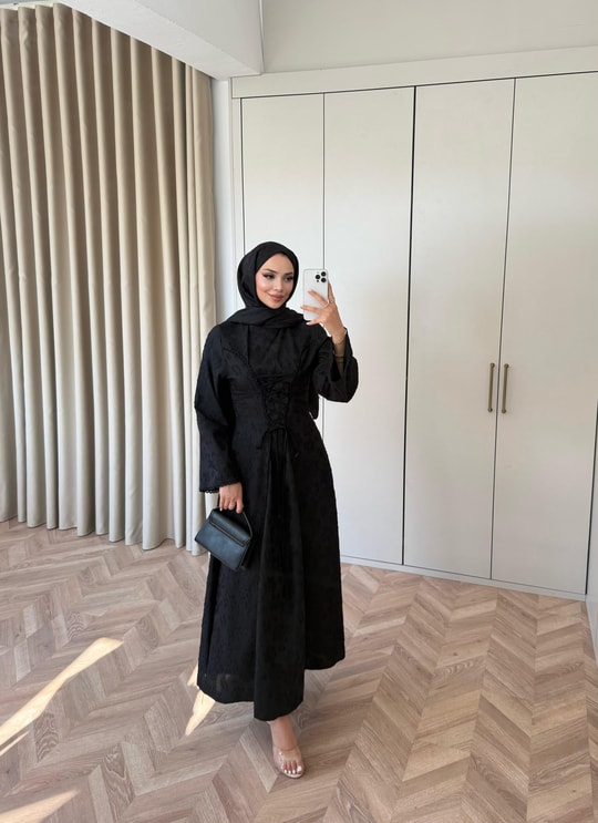 HR-1257H&R ButikFus - Esil Ön Bağlamalı Fisto Elbise Siyah