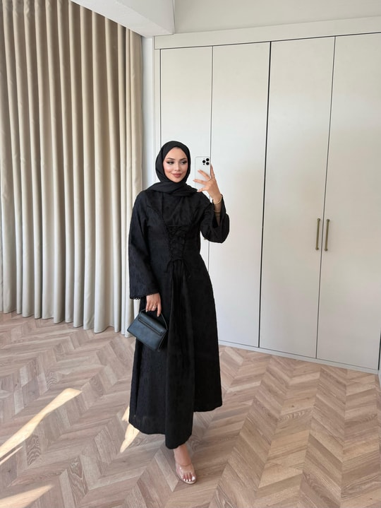 HR-1257H&R ButikFus - Esil Ön Bağlamalı Fisto Elbise Siyah
