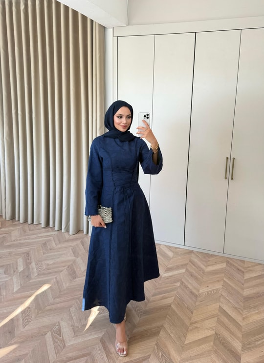 HR-1257H&R ButikFus - Esil Ön Bağlamalı Fisto Elbise Lacivert