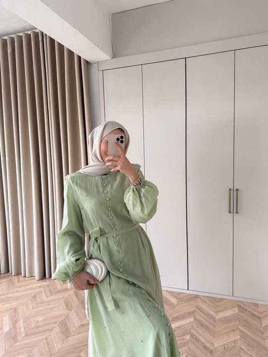 HR-0061H&R ButikFus- Exna Taşlı Elbise Açık Yeşil