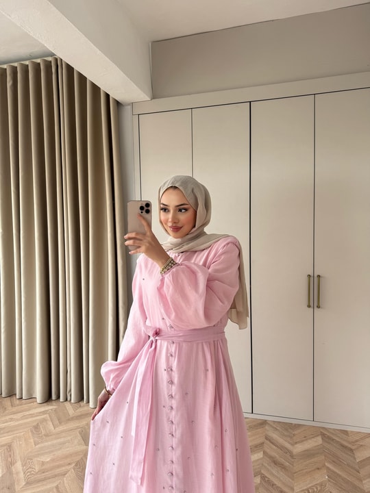HR-0061H&R ButikFus- Exna Taşlı Elbise Pembe