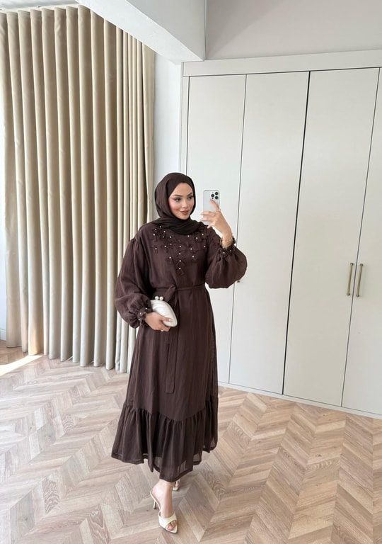HR-0846H&R ButikFuş- Tila Çiçekli Elbise Kahverengi
