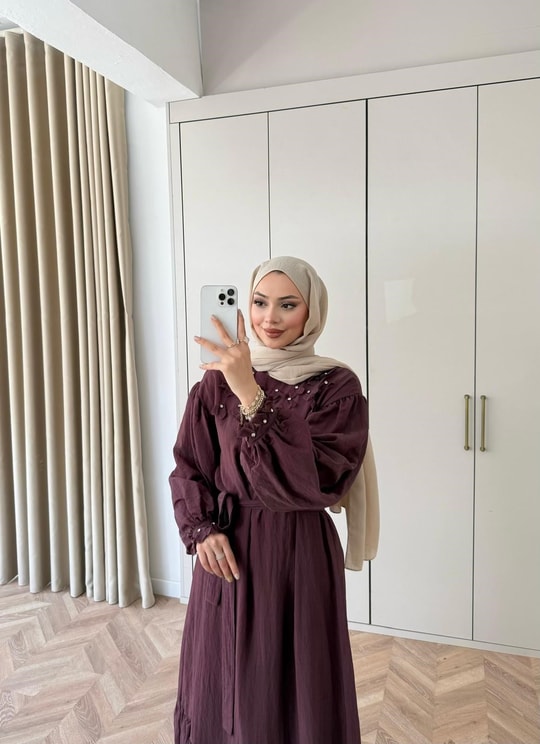 HR-0847H&R ButikFuş- Tila Çiçekli Elbise Bordo