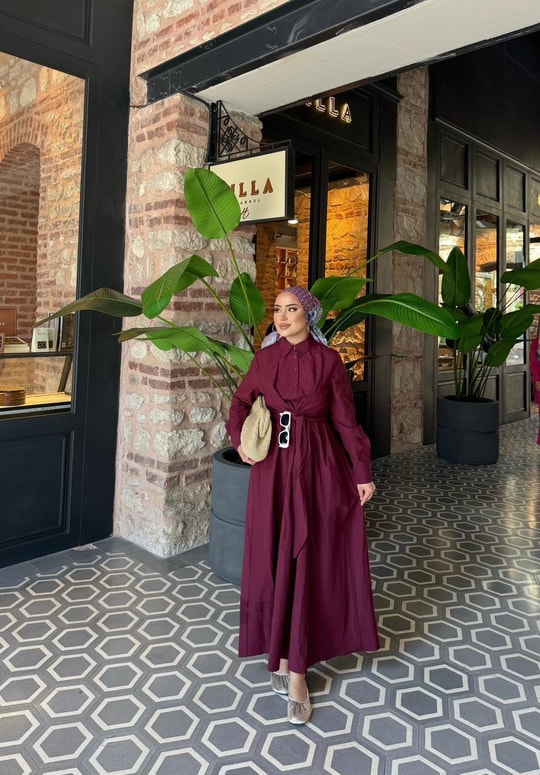 HR-0903H&R ButikHawa Bel Bağlamalı Elbise Bordo