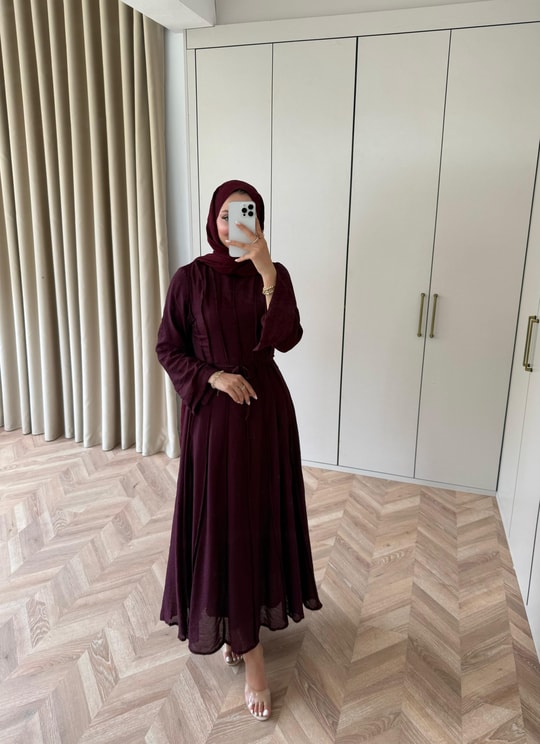 HR-1303H&R ButikHen- Belami Çizgi Detaylı Modal Elbise Mürdüm