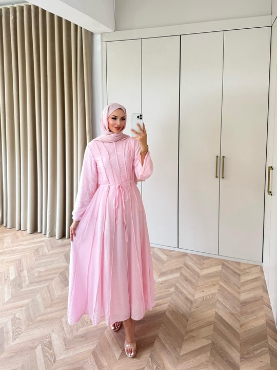 HR-1303H&R ButikHen- Belami Çizgi Detaylı Modal Elbise Pembe