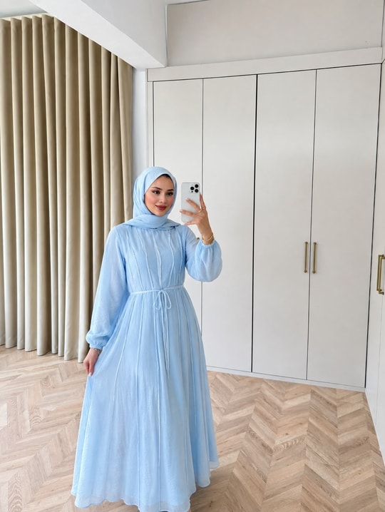 HR-2745H&R ButikHen- Belami Çizgi Detaylı Modal Elbise Bebe Mavi
