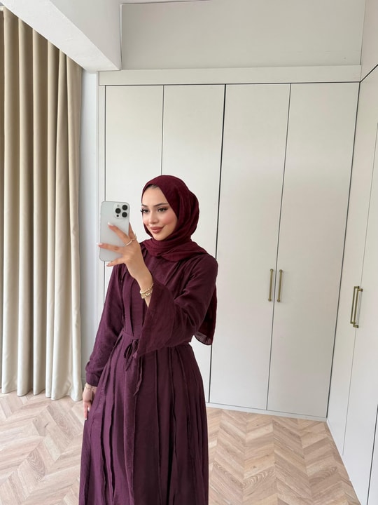 HR-1303H&R ButikHen- Belami Çizgi Detaylı Modal Elbise Mürdüm
