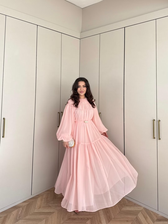 ELB-194H&R ButikHen-Ena Şifon Elbise Pudra Pembe