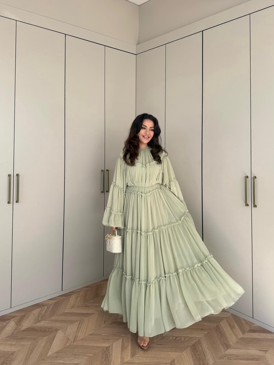 ELB-195H&R ButikHen-Es Şifon Elbise Yeşil