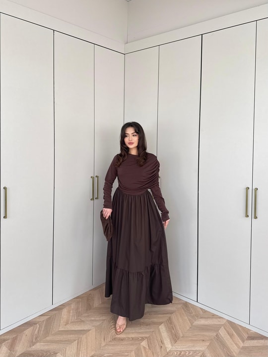 ELB-233H&R ButikHen-Nursu Omuz Detaylı Elbise Acı Kahve
