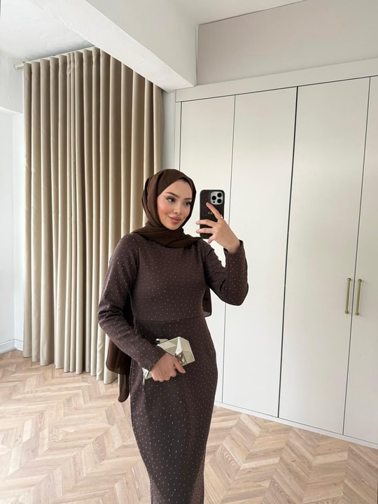 HR-0101H&R ButikHep- Arde Taşlı Elbise Acı Kahve
