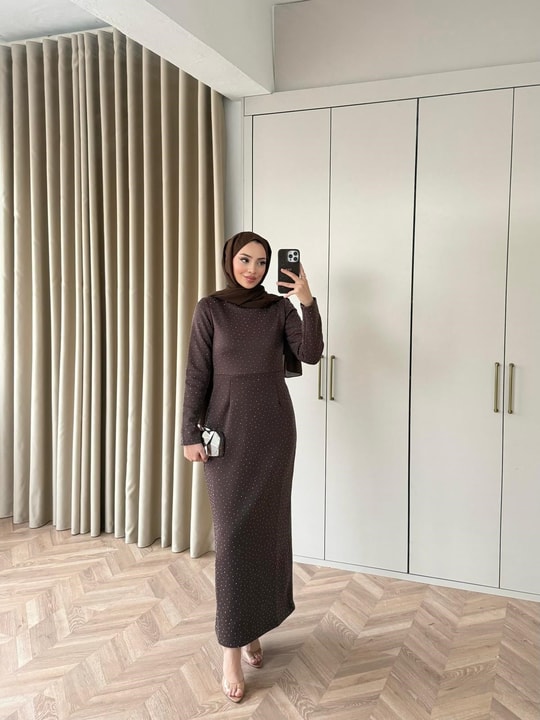 HR-0101H&R ButikHep- Arde Taşlı Elbise Acı Kahve