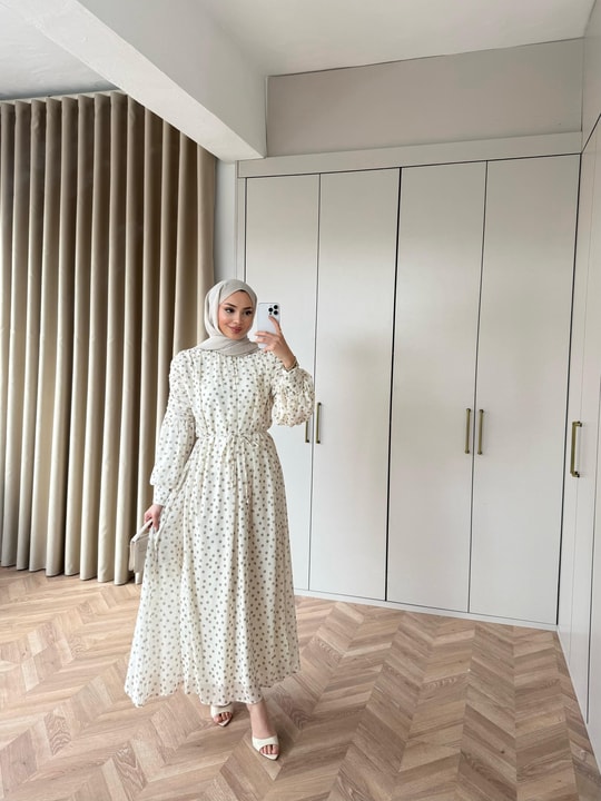 HR-0035H&R ButikHew-Elin Puantiyeli Elbise Beyaz Vizon