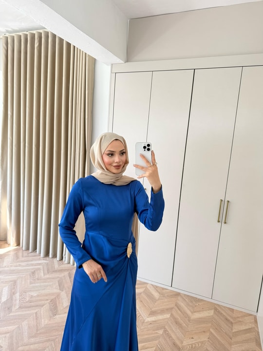 HR-0849H&R ButikHew- Kampanyalı Saten Elbise Saks