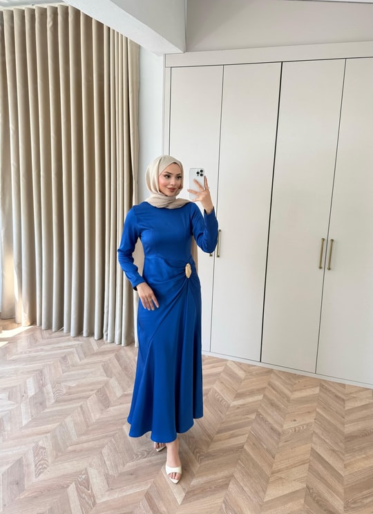 HR-0849H&R ButikHew- Kampanyalı Saten Elbise Saks