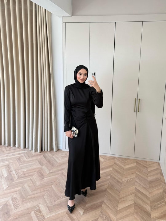 HR-0852H&R ButikHew- Kampanyalı Saten Elbise Siyah