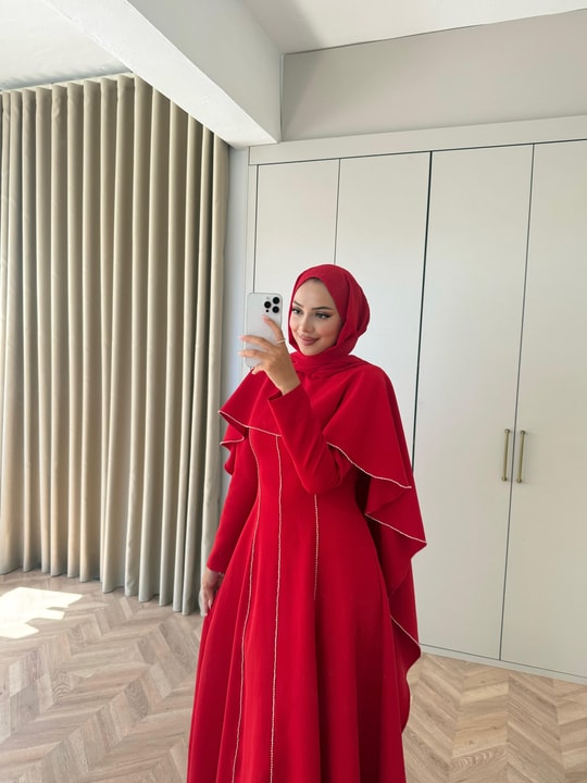 HR-2907H&R ButikHew- Lia Pelerin Detaylı Abiye Elbise Kırmızı