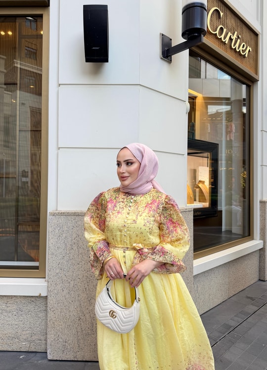 HR-1098H&R ButikHew- Qala Çiçekli Elbise Sarı