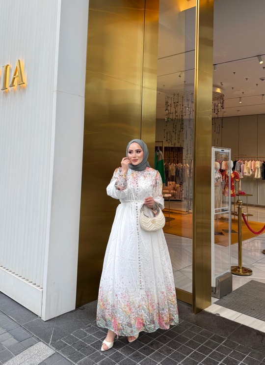 HR-1098H&R ButikHew- Qala Çiçekli Elbise Beyaz
