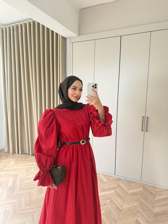 HR-1539H&R ButikHot- Gilara Kolları Lastikli Elbise Kırmızı