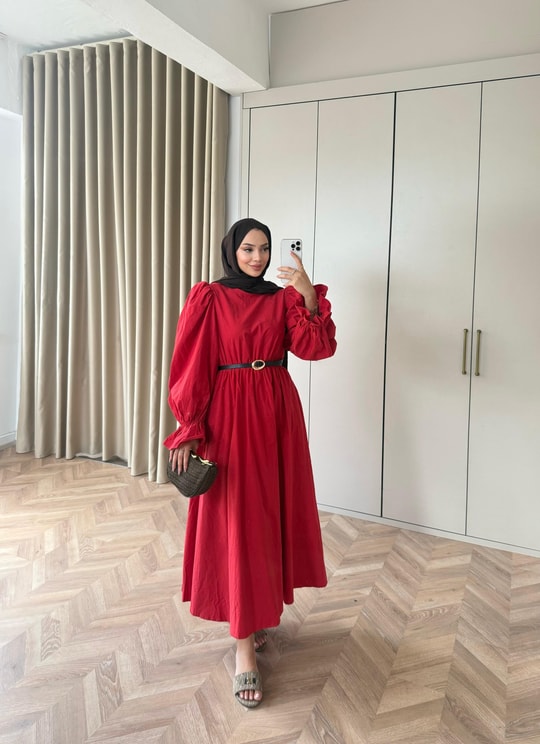 HR-1539H&R ButikHot- Gilara Kolları Lastikli Elbise Kırmızı