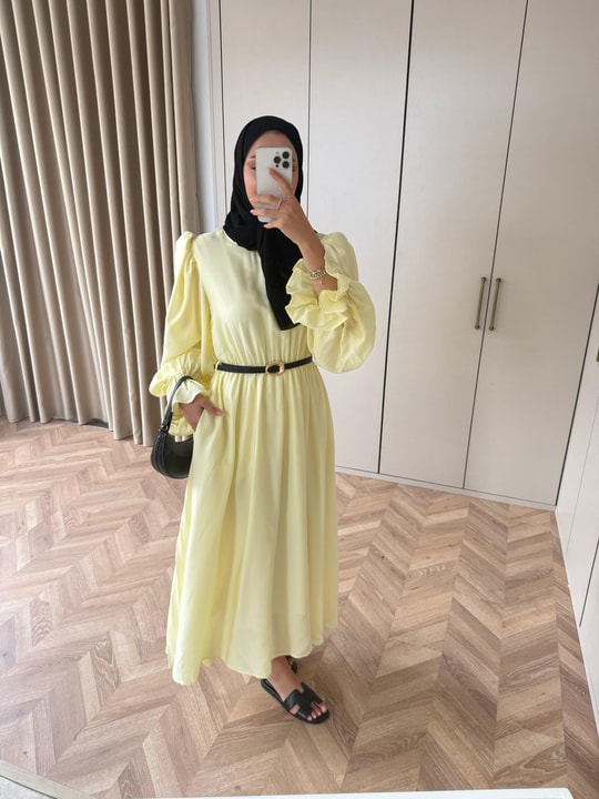 HR-1539H&R ButikHot- Gilara Kolları Lastikli Elbise Sarı