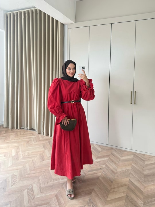 HR-1539H&R ButikHot- Gilara Kolları Lastikli Elbise Kırmızı