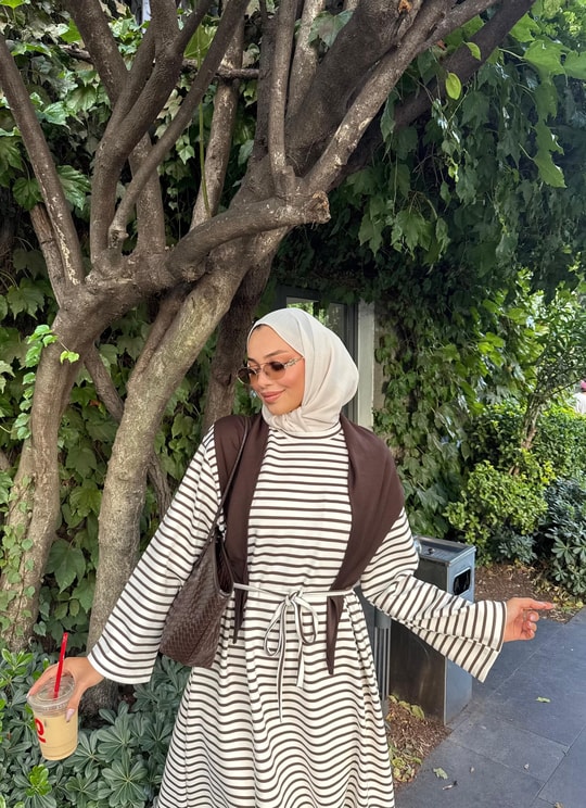 HR-3233H&R ButikHr- Desina Çizgili Elbise Kahve