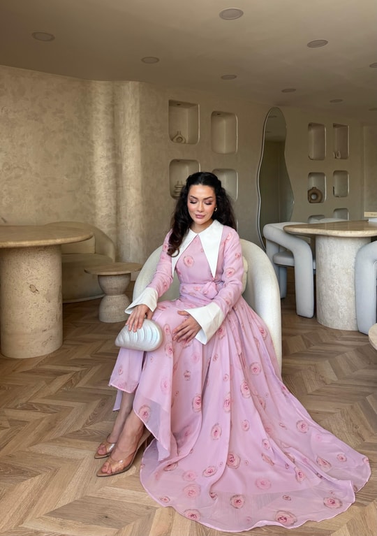 HR-1197H&R ButikKyl - Gül Desenli Şifon Elbise Pembe
