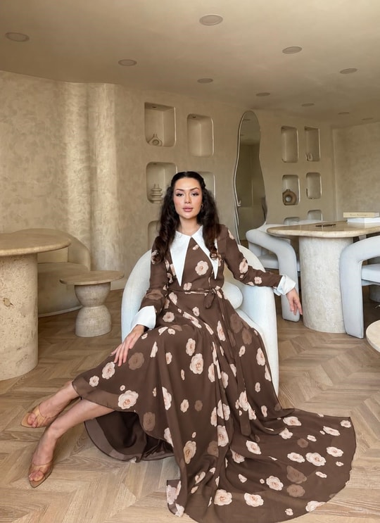 HR-1222H&R ButikKyl - Gül Desenli Şifon Elbise Kahve